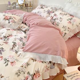 Washed Cotton Small Floral Quilt Cover, Four Piece Bed Sheet Set (Option: Datura Flower-1.2m flat sheet 3pcs set)