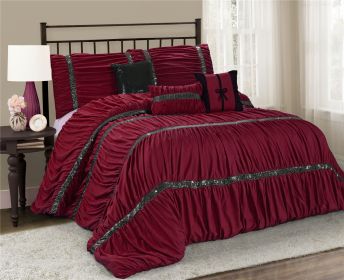 7 Piece Microfiber Ruffles Sequins Embroidery Bed In A Bag Comforter Set (Color: Burgundy, size: King)